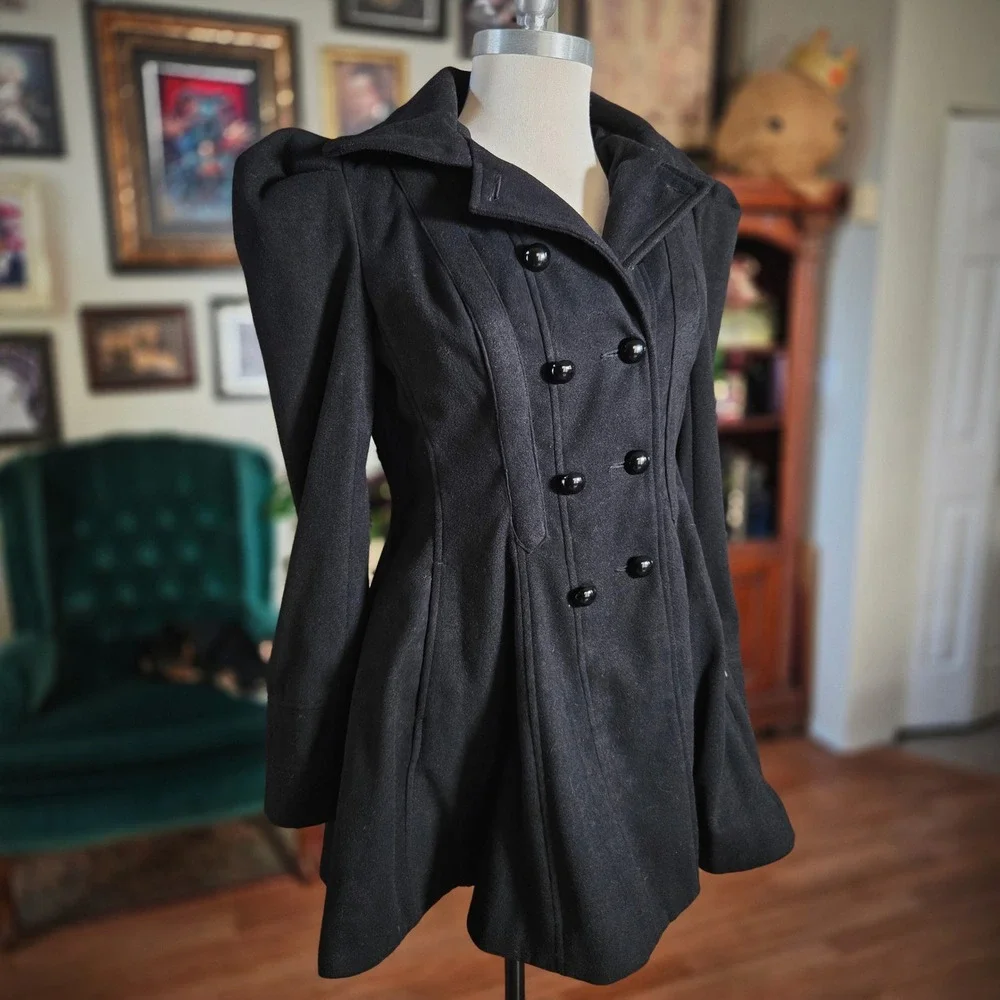 XOXO Women Black Double Breasted‎ Puff Sleeve Fit Flare Coat Size M